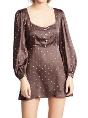 Capulet Revolve Dolly Button Down Dress Polka Dot Brown Satin Size Small